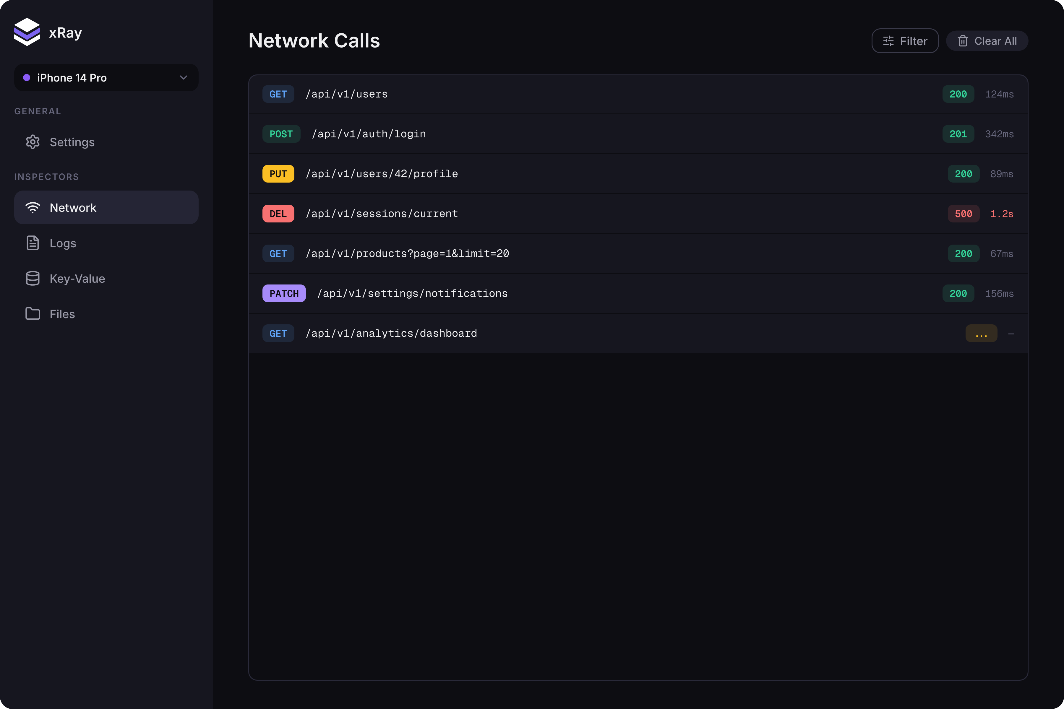 xRay app interface showing network requests, logs and storage inspector